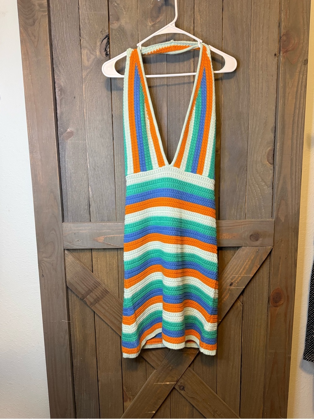 Handmade Crochet Striped Halter Dress in Aqua, Orange & Royal Blue